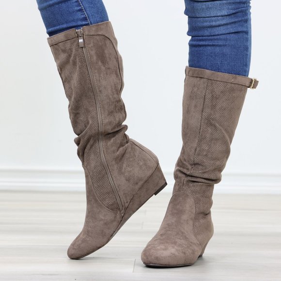 Taupe Faux Suede Round Toe Low Kitten Wedge Heel Mid Calf Boots - Picture 12 of 13